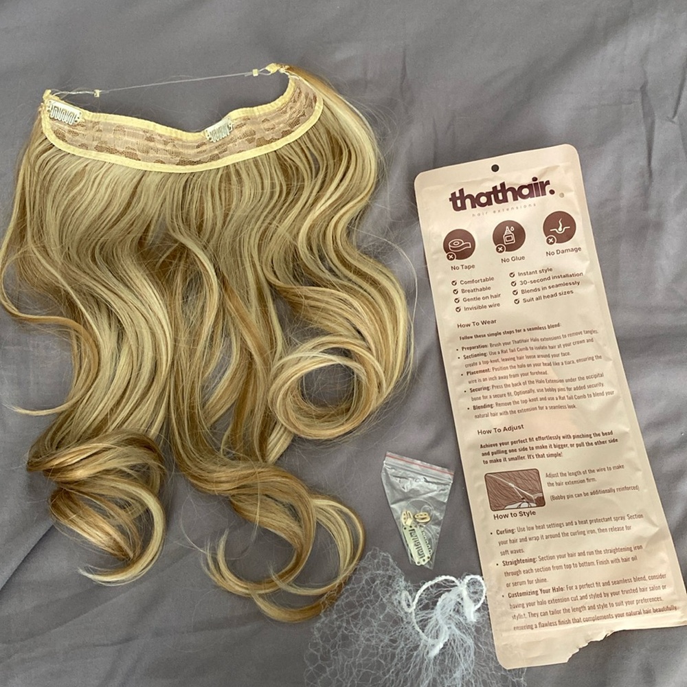 Halo hair extension, thathair 14” curly, blonde